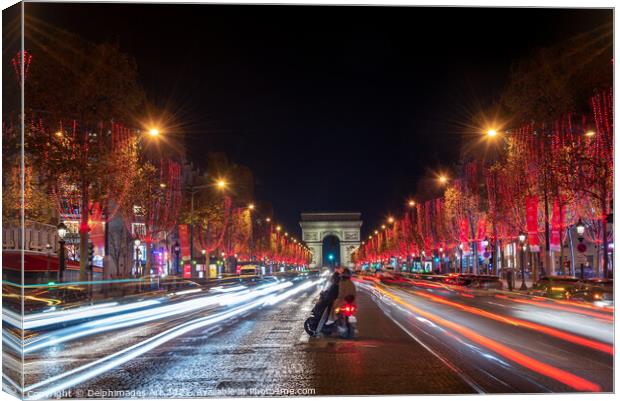 Christmas lights at night in Paris Champs Elysees Canvas Print by Delphimages Art