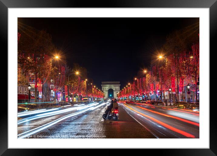 Christmas lights at night in Paris Champs Elysees Framed Mounted Print by Delphimages Art
