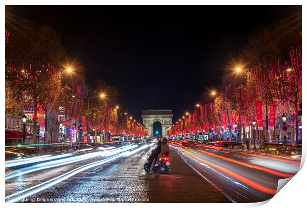 Christmas lights at night in Paris Champs Elysees Print by Delphimages Art