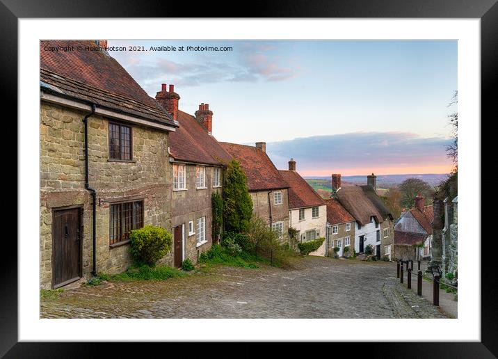 Sunset over cottages on a cobbled street Framed Mounted Print by Helen Hotson