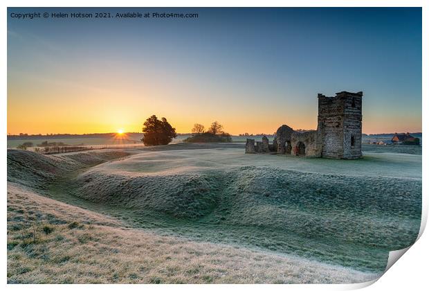Frosty sunrise over the old church at Knowlton Print by Helen Hotson