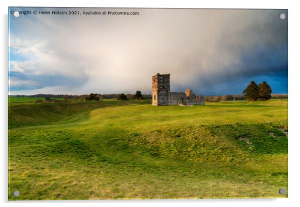 Dramatic skies over the old church at Knowlton  Acrylic by Helen Hotson