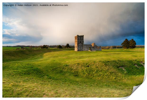 Dramatic skies over the old church at Knowlton  Print by Helen Hotson