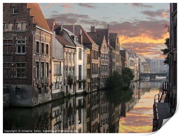 Ghent Waterways Sunset, Digital Watercolor Print by Imladris 