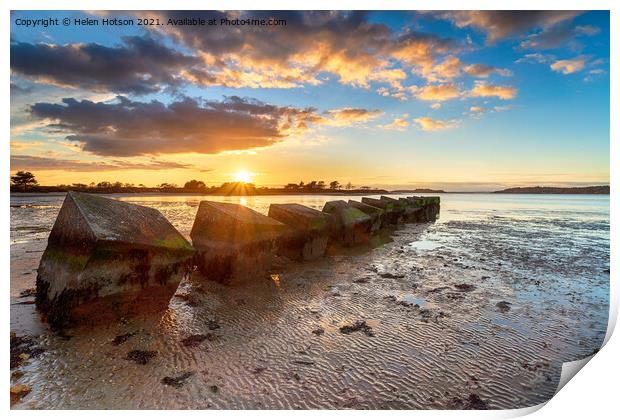 Beautiful sunset over old WWII tank traps in Bramble Bush Bay  Print by Helen Hotson