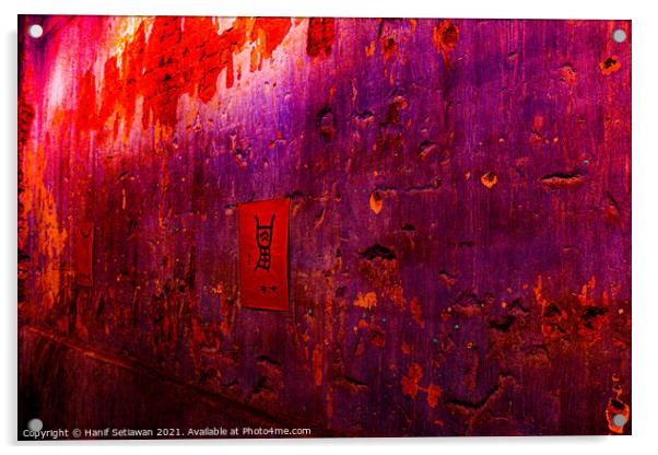 Small red poster with Chinese script on a violet wall. Acrylic by Hanif Setiawan