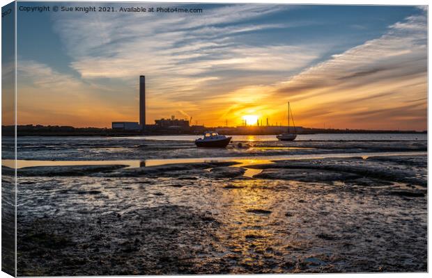 Fawley Power Station, sunset and boats Canvas Print by Sue Knight