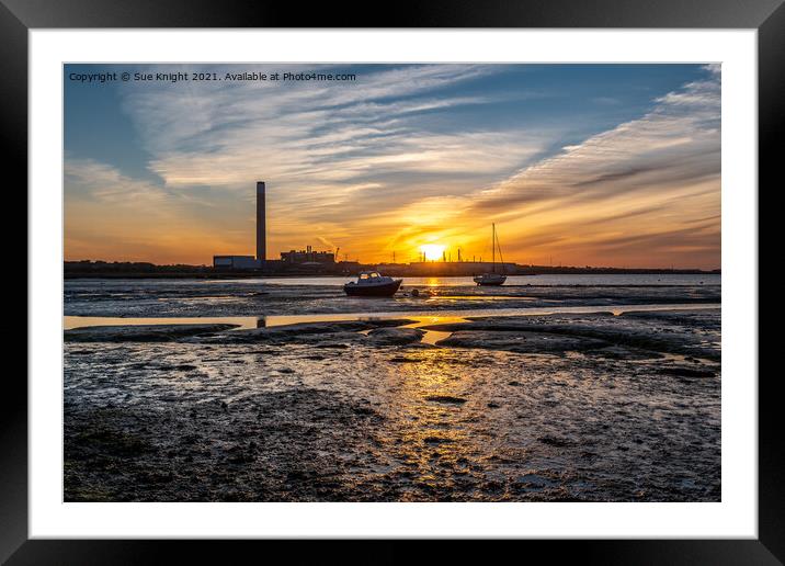 Fawley Power Station, sunset and boats Framed Mounted Print by Sue Knight