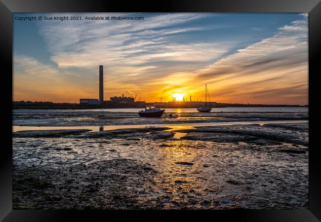 Fawley Power Station, sunset and boats Framed Print by Sue Knight
