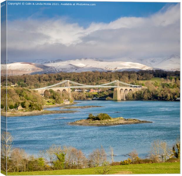 Menai Strait and Suspension Bridge, Anglesey Canvas Print by Colin & Linda McKie