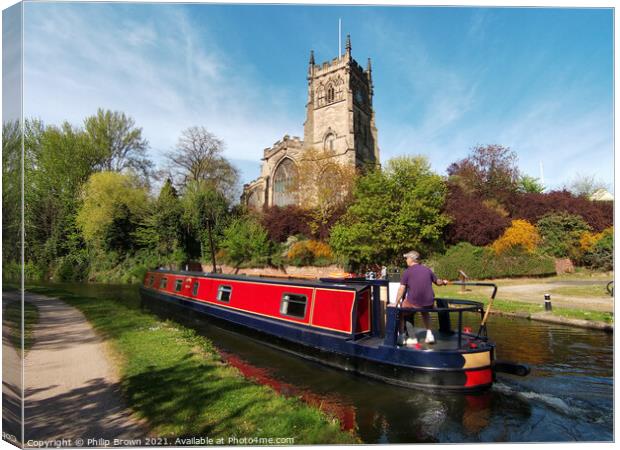 Narrowboat on Canal by St. Mary's Kiddermister Canvas Print by Philip Brown