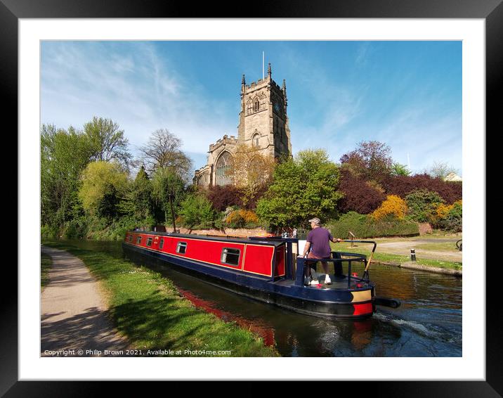 Narrowboat on Canal by St. Mary's Kiddermister Framed Mounted Print by Philip Brown