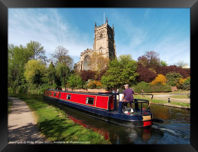 Narrowboat on Canal by St. Mary's Kiddermister Framed Print by Philip Brown