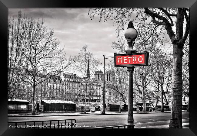 Paris Metro sign, Ile de la Cite and Notre-Dame Framed Print by Delphimages Art
