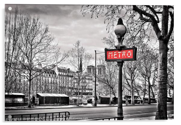 Paris Metro sign, Ile de la Cite and Notre-Dame Acrylic by Delphimages Art