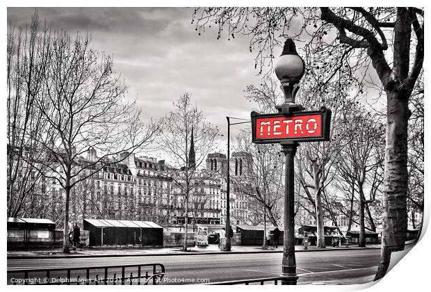 Paris Metro sign, Ile de la Cite and Notre-Dame Print by Delphimages Art
