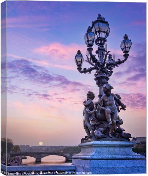 Paris. Alexandre III bridge lamppost at sunset Canvas Print by Delphimages Art
