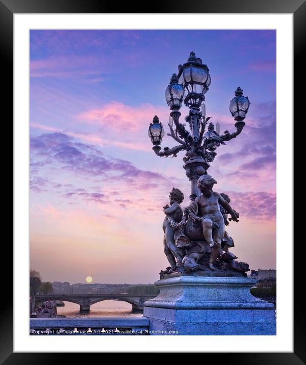 Paris. Alexandre III bridge lamppost at sunset Framed Mounted Print by Delphimages Art