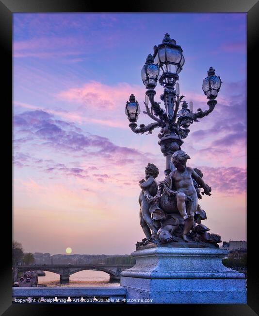 Paris. Alexandre III bridge lamppost at sunset Framed Print by Delphimages Art