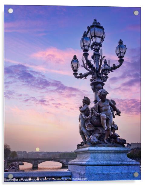 Paris. Alexandre III bridge lamppost at sunset Acrylic by Delphimages Art