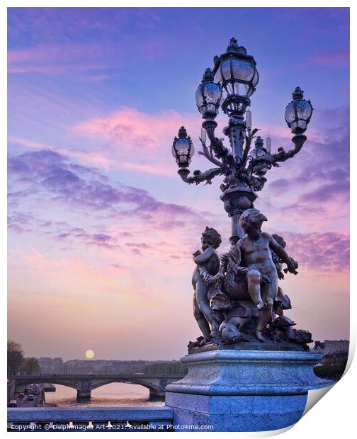 Paris. Alexandre III bridge lamppost at sunset Print by Delphimages Art