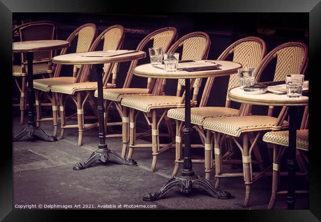 Paris tables and chairs, french cafe terrace Framed Print by Delphimages Art