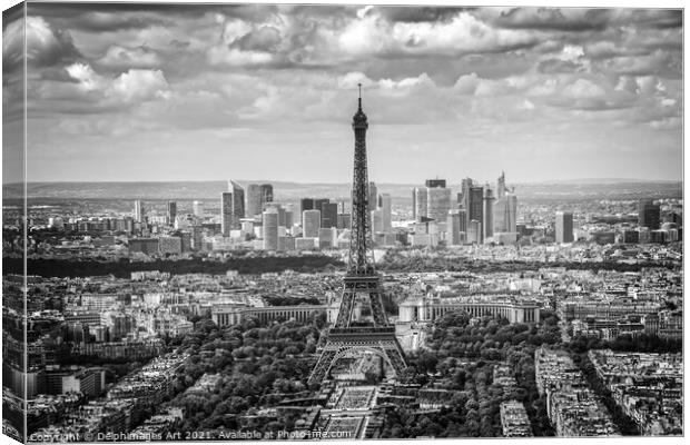Eiffel tower and La Defense aerial view in Paris Canvas Print by Delphimages Art