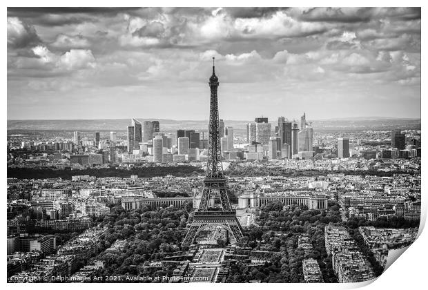 Eiffel tower and La Defense aerial view in Paris Print by Delphimages Art