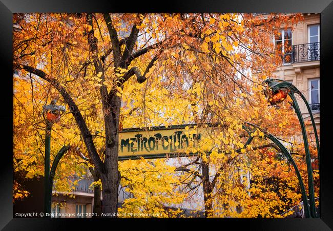 Paris vintage metro sign in autumn Framed Print by Delphimages Art