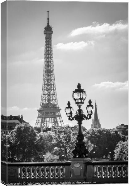 Eiffel tower and bridge Alexandre III Paris France Canvas Print by Delphimages Art