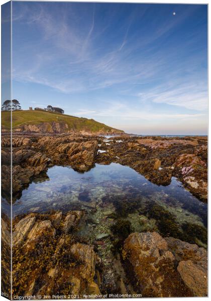 Rockpool and the Moon Talland Bay Cornwall Canvas Print by Jim Peters
