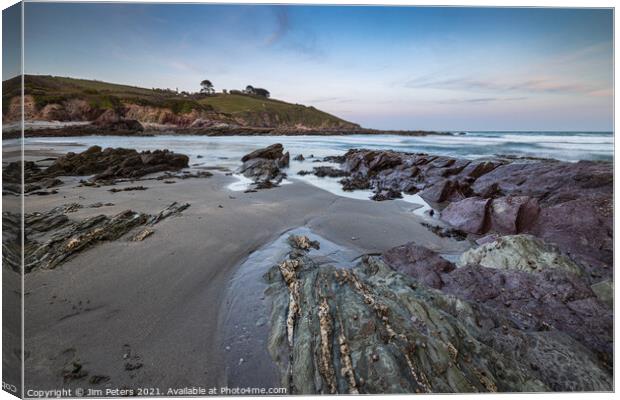 Talland Bay beach in the evening light Canvas Print by Jim Peters