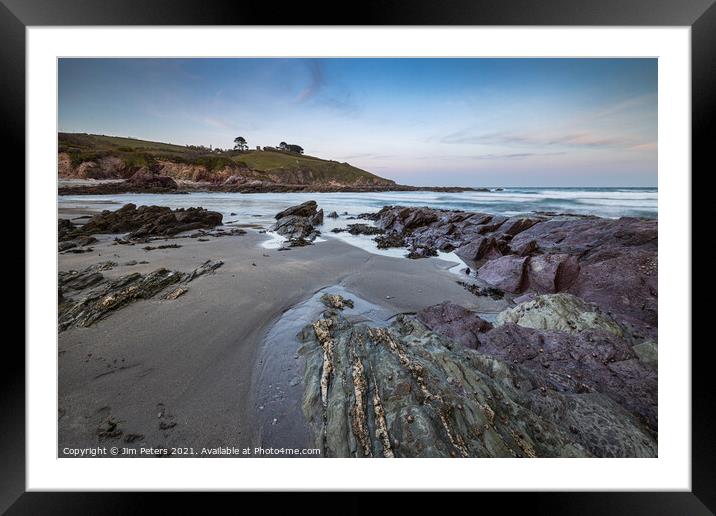 Talland Bay beach in the evening light Framed Mounted Print by Jim Peters