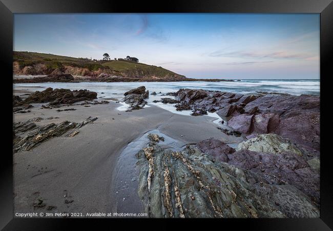 Talland Bay beach in the evening light Framed Print by Jim Peters