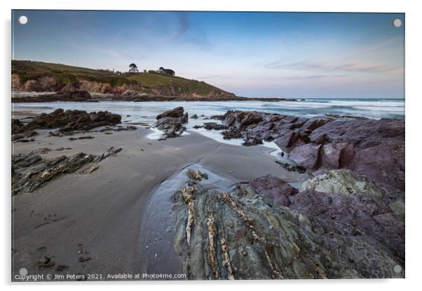 Talland Bay beach in the evening light Acrylic by Jim Peters