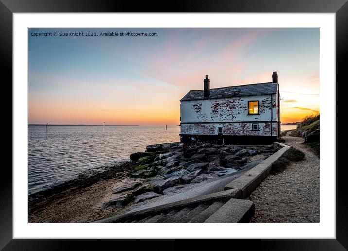 Evening glow - the Boat House at Lepe Framed Mounted Print by Sue Knight