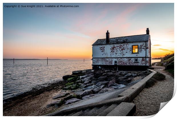 Evening glow - the Boat House at Lepe Print by Sue Knight