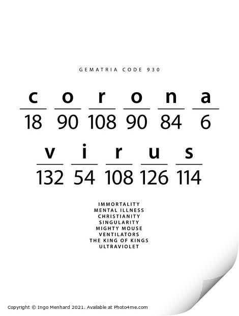 Coronavirus word code in the English Gematria_4zu3 Print by Ingo Menhard