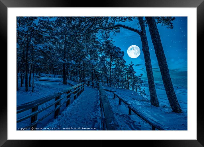 Winter forest at night Framed Mounted Print by Maria Vonotna