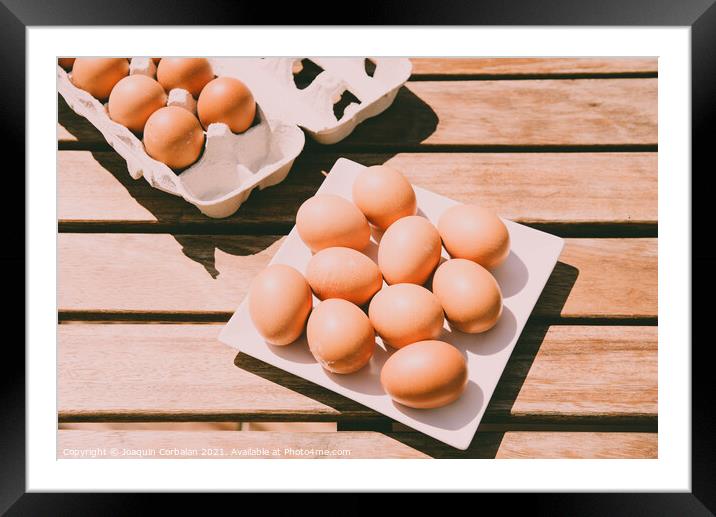 Brown eggs in a cardboard box bought from a local organic superm Framed Mounted Print by Joaquin Corbalan