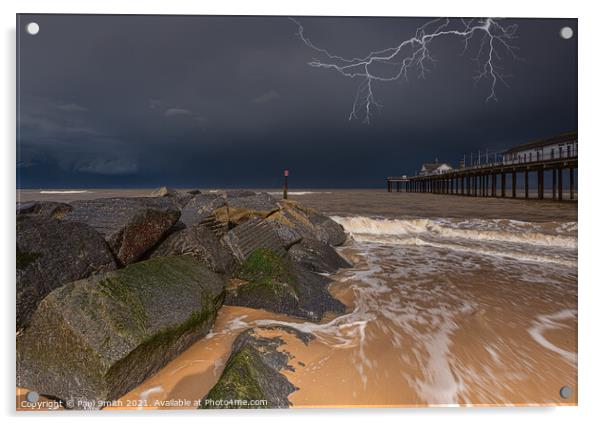 Lightning Stirke over Southwold Pier Acrylic by Paul Smith