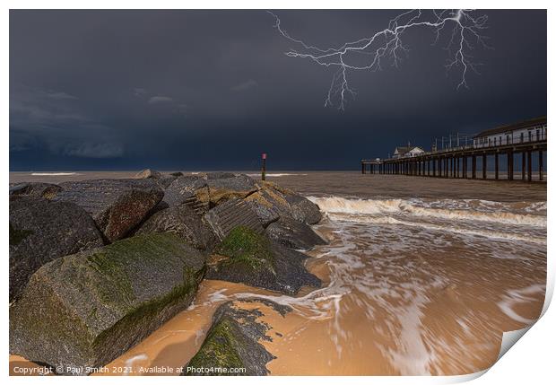 Lightning Stirke over Southwold Pier Print by Paul Smith