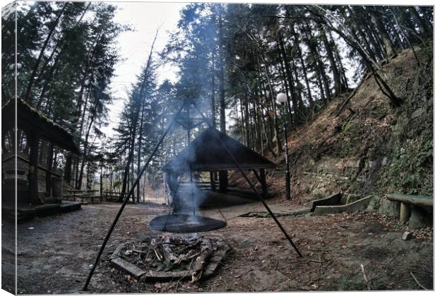 South Poland: Barbecue location in the middle of the forest surrounded with tall trees. Wilderness wide angle view of smoke coming from fire against abandoned shed in the peaceful environment Canvas Print by Arpan Bhatia