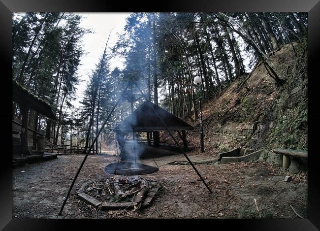 South Poland: Barbecue location in the middle of the forest surrounded with tall trees. Wilderness wide angle view of smoke coming from fire against abandoned shed in the peaceful environment Framed Print by Arpan Bhatia