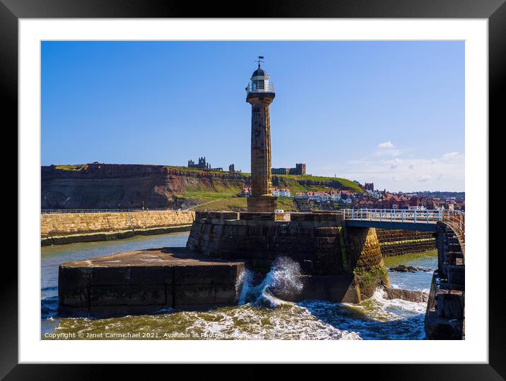 Whitby Lighthouse & West Pier Memorial Footbridge Framed Mounted Print by Janet Carmichael