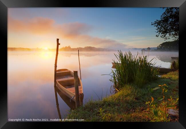 Small boat at sunrise by the lake  Framed Print by Paulo Rocha