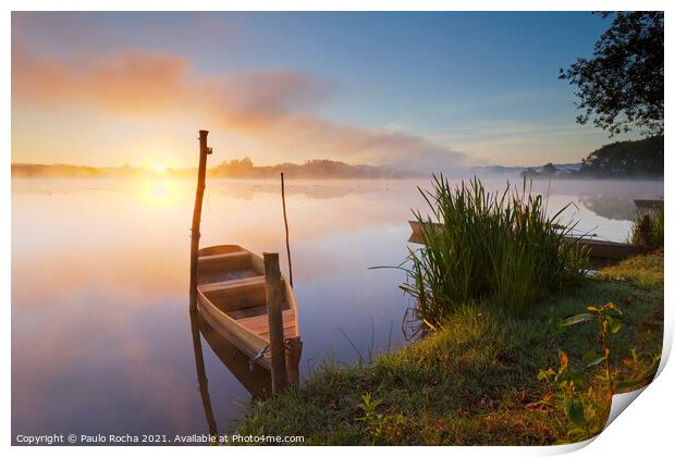 Small boat at sunrise by the lake  Print by Paulo Rocha