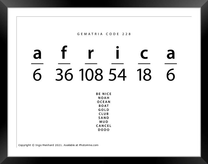 Africa word code in the English Gematria Framed Mounted Print by Ingo Menhard