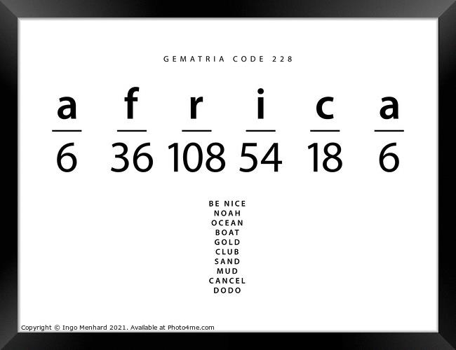 Africa word code in the English Gematria Framed Print by Ingo Menhard