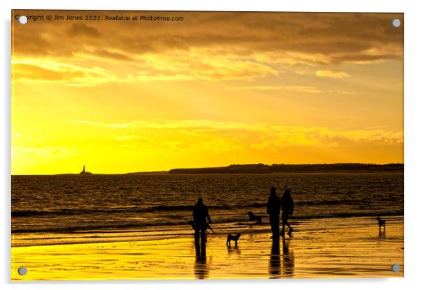 Dog walkers on the beach at sunrise Acrylic by Jim Jones